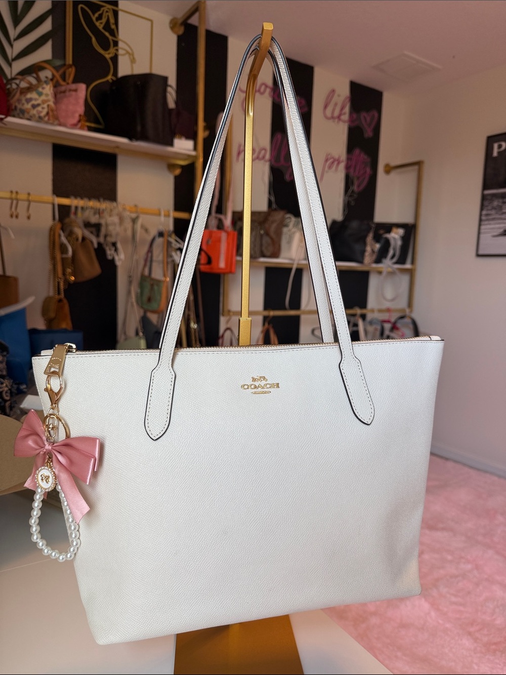 Coach Cream Leather Tote with Pink Bow and Pearl Charm authentic bag